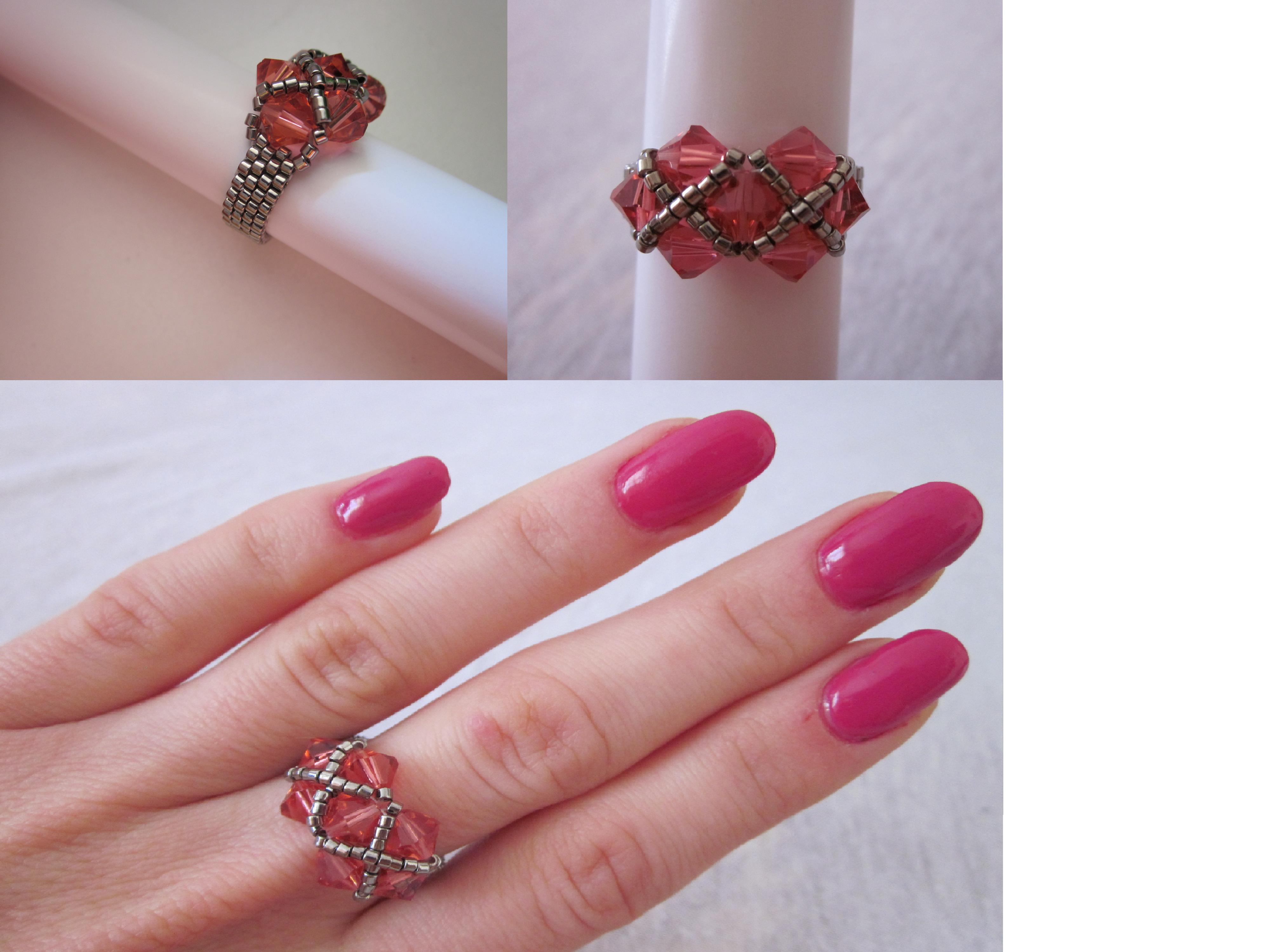 Prsteň - Miyuki Delica-Nickel Plated,koralky Swarovski-Padparadscha